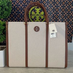 NWT , tory burch blake canvas jumbo tote natural classic cuoio